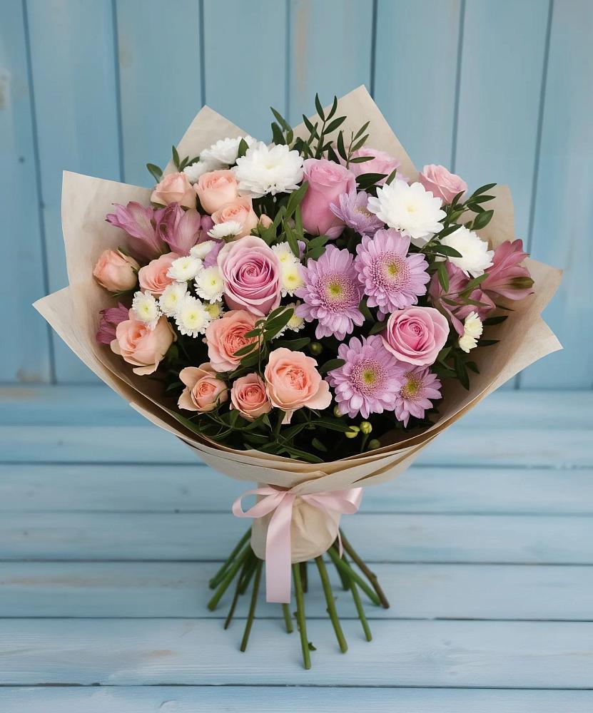 Букет цветов из: Хризантемы, Розы и Альстромерии в Бердюжье