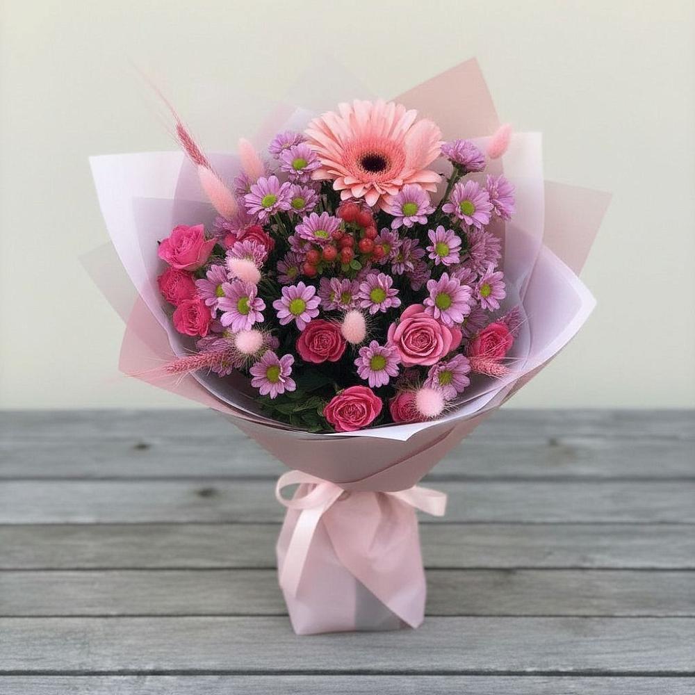 Букет цветов из: Розы, Герберы и Хризантемы в Бердюжье