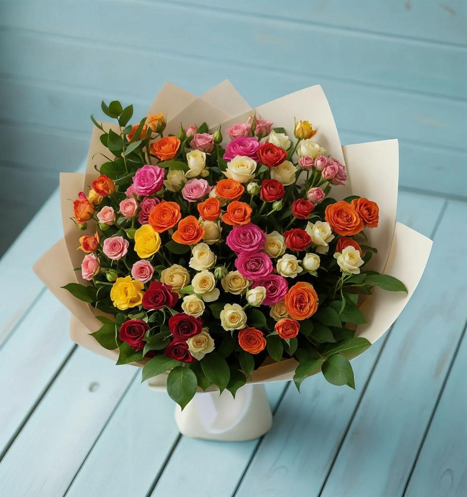 Букет Микс из разноцветных кустовых роз в Бердюжье